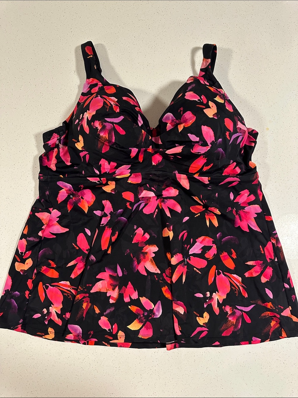 Swim For All - Black Floral Camisole Tankini Top with Pink & Red Accents